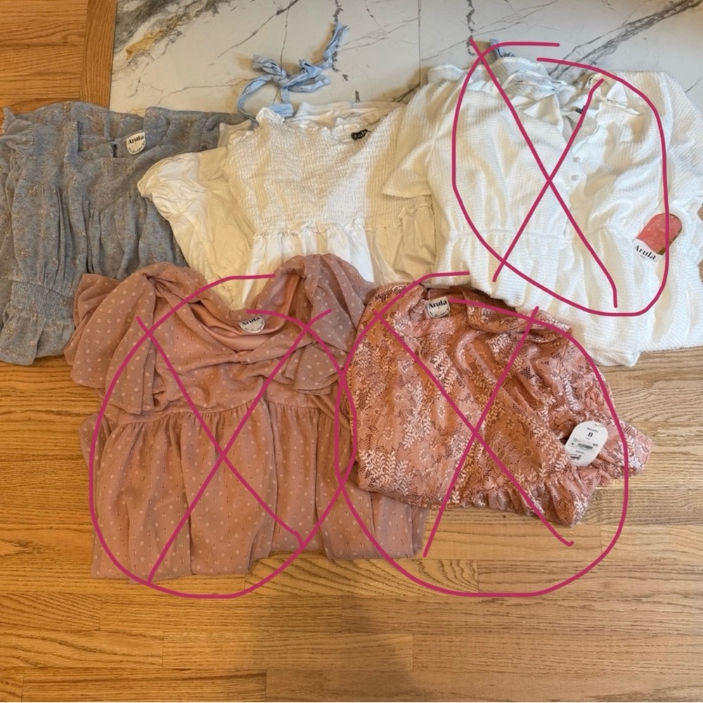 ARULA blue floral dress and white dress with blue bow ties